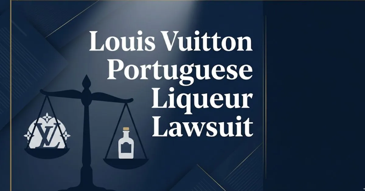 Louis Vuitton Portuguese liqueur lawsuit 2026 legal guide banner with scales and monogram symbols on navy background