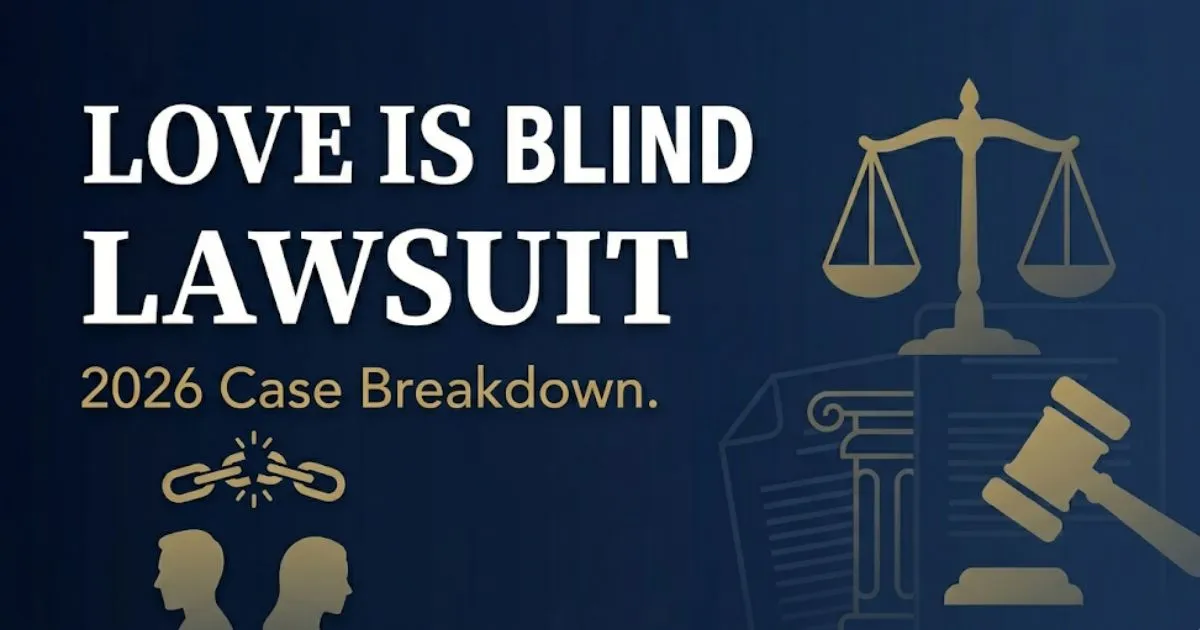Love Is Blind lawsuit 2026 case breakdown banner with legal symbols on navy background