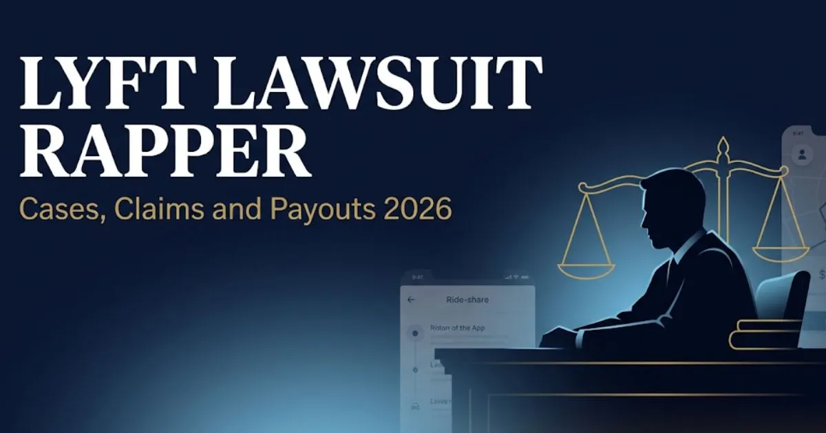 Lyft lawsuit rapper legal banner showing courtroom silhouette, scales of justice, and 2026 case update headline text.