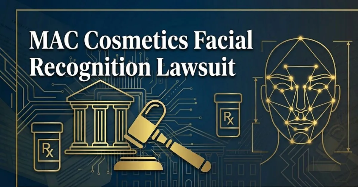 MAC Cosmetics facial recognition lawsuit 2026 guide with biometric scanning legal graphic