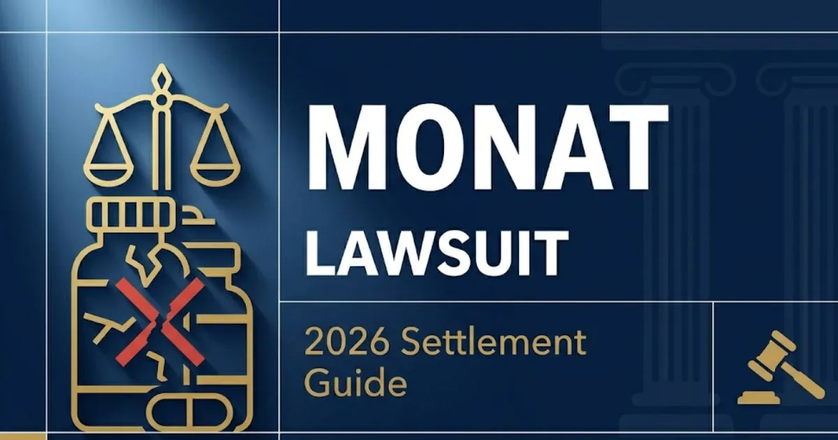 MONAT Lawsuit 2026 blog banner showing gavel icon, settlement guide headline, and navy gold legal design
