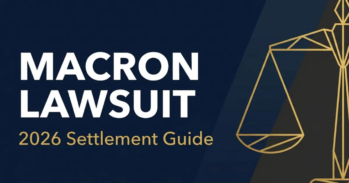 Macron lawsuit 2026 settlement guide hero banner with scales of justice and legal claim information