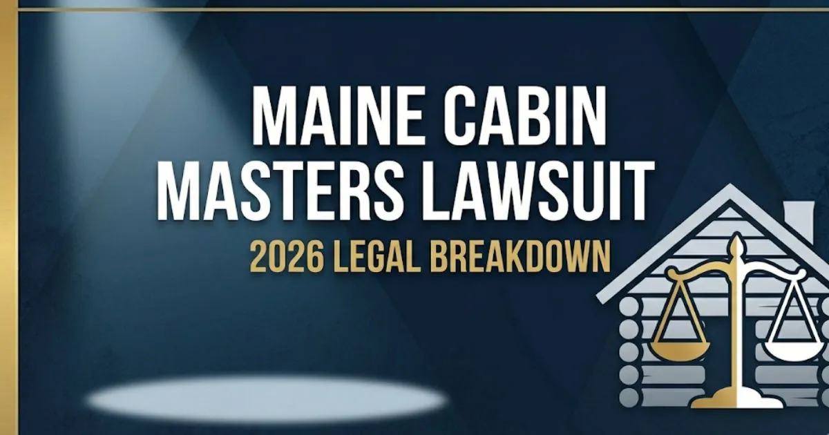 Maine Cabin Masters Lawsuit 2026 legal breakdown banner with cabin silhouette and scales of justice icons