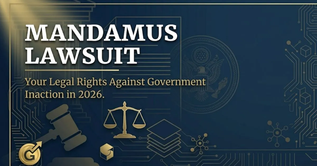 Mandamus lawsuit hero banner with courthouse silhouette, legal symbols, and bold headline text on deep navy background