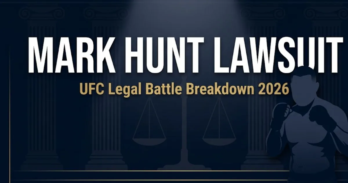 Mark Hunt lawsuit legal breakdown banner showing bold title text and UFC courthouse imagery on navy background