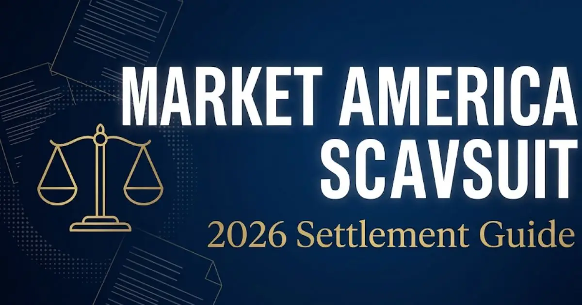 Market America lawsuit 2026 settlement guide with legal scales and documents on navy background
