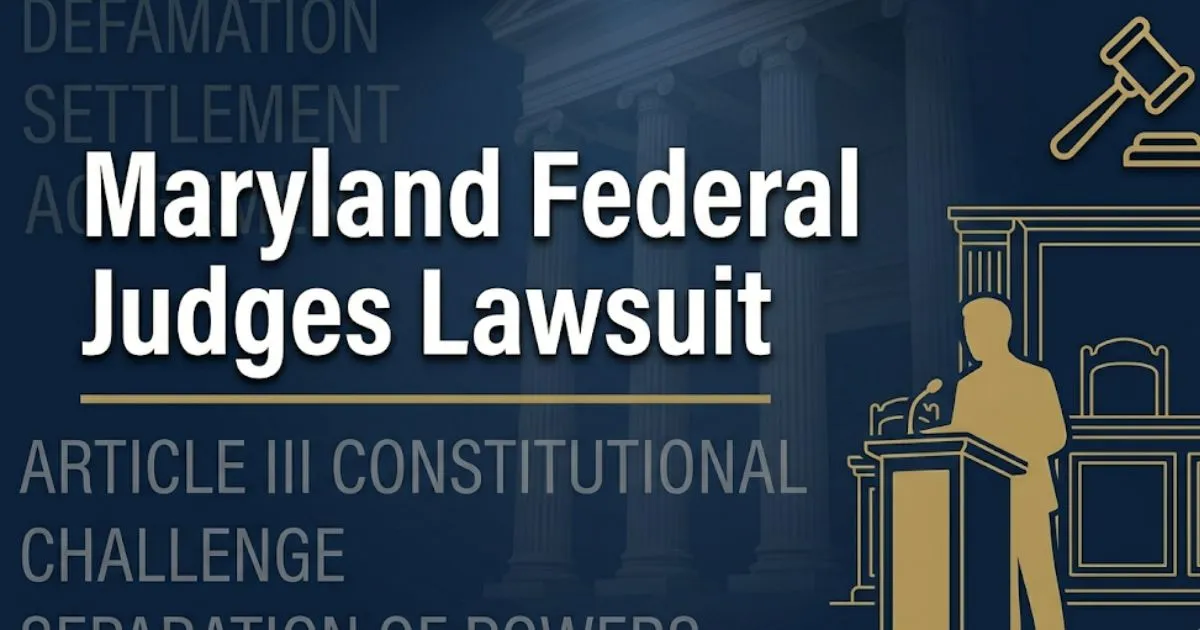 Maryland federal judges lawsuit 2026 guide banner with courthouse columns, gavel icon, and bold legal headline text