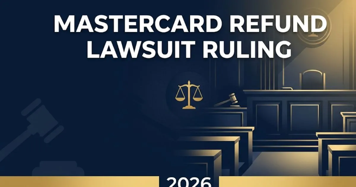 Mastercard refund lawsuit ruling 2026 legal blog banner with gavel and scales of justice on navy background