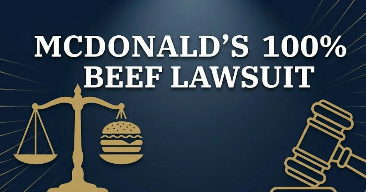 McDonald's 100% beef lawsuit banner with scales of justice and burger silhouette on navy background INPUT MAIN KEYWORD {{mcdonald's 100% beef lawsuit}} CLUSTER KEYWORDS {{mcdonald's 100% bee