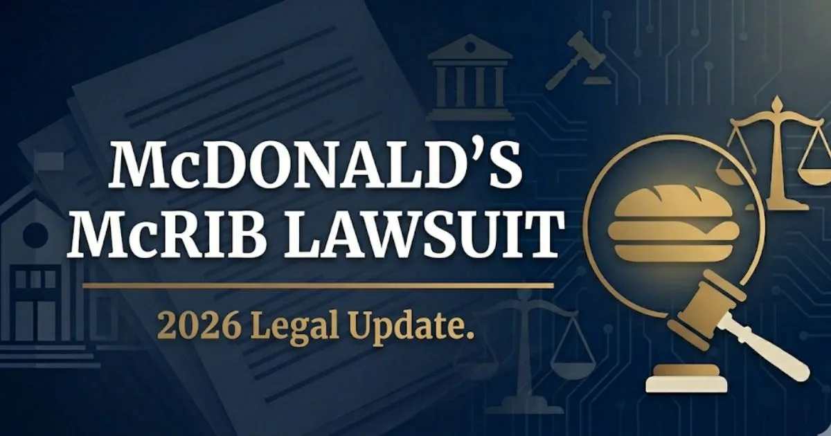 McDonald's McRib lawsuit 2026 legal breakdown banner with gavel and sandwich icons on navy background