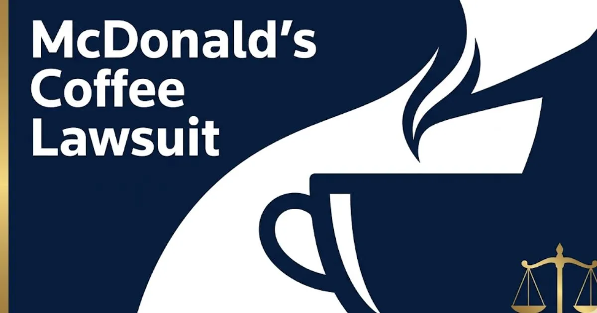 McDonald's coffee lawsuit banner with scales of justice and coffee cup silhouette in navy and gold legal theme