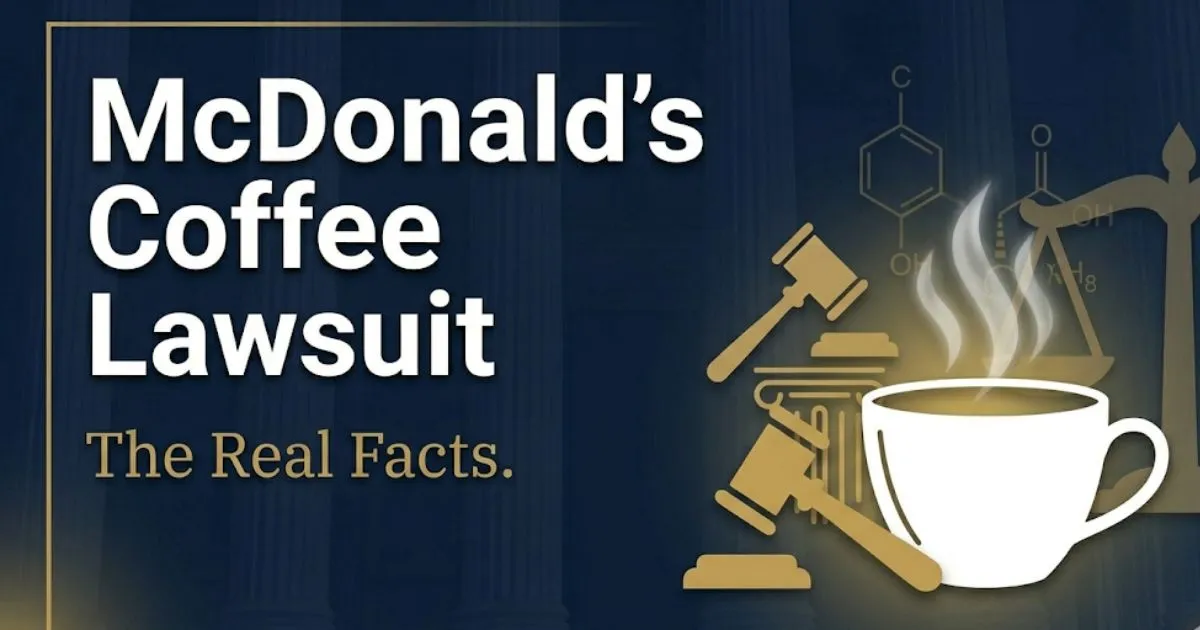 McDonald's coffee lawsuit facts and legal breakdown for 2026 with coffee cup and gavel imagery