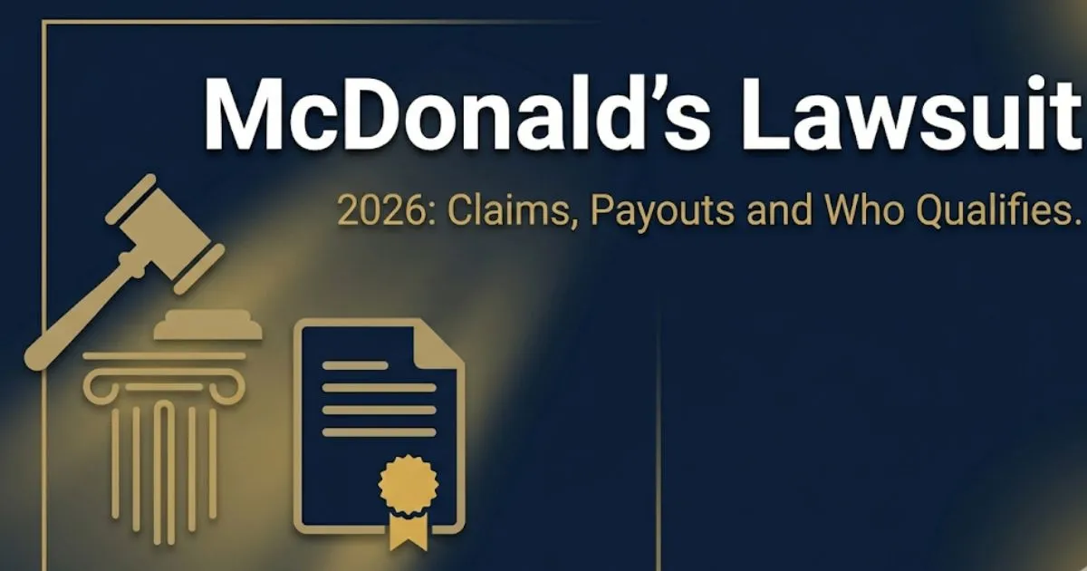 McDonald's lawsuit 2026 legal banner showing gavel and courthouse icons with claim and payout information headline