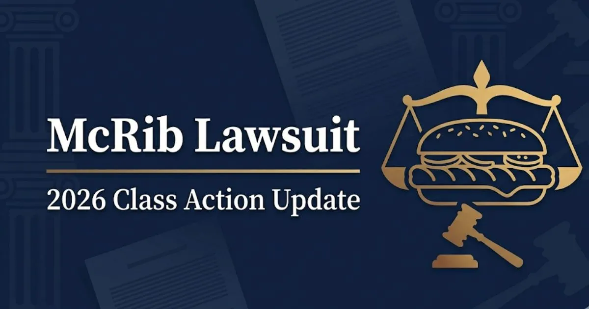 McRib lawsuit 2026 class action banner with legal gavel silhouettes and navy gold design