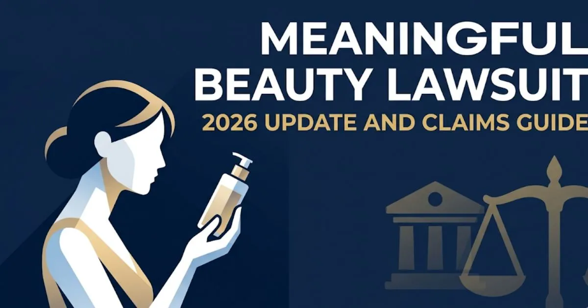 Meaningful beauty lawsuit 2026 update hero banner with legal symbols and skincare silhouette on navy background