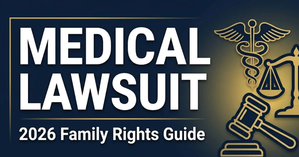 Medical lawsuit guide blog banner with bold title text, legal scales, and gold accents on deep navy background