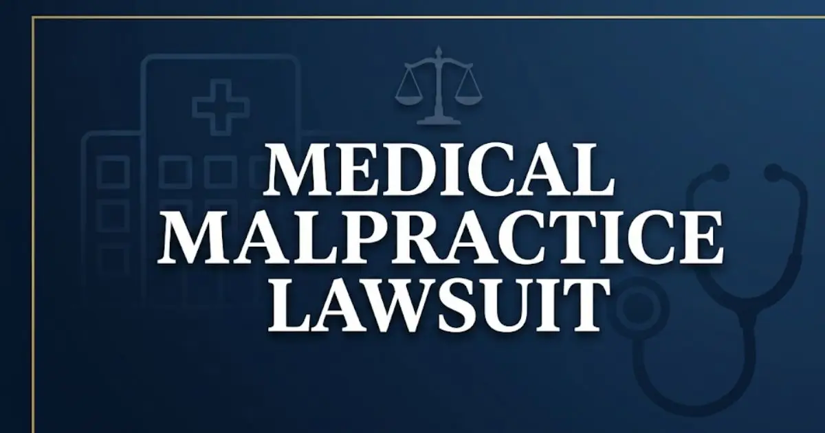 Medical malpractice lawsuit 2026 guide banner with legal scales and medical symbols