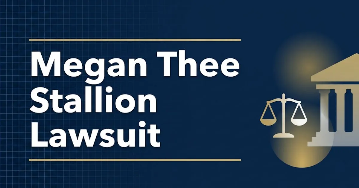 Megan Thee Stallion lawsuit 2026 legal breakdown banner with scales of justice and courthouse icons on navy background