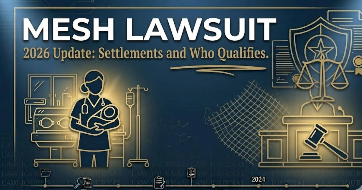Mesh lawsuit 2026 update banner showing legal gavel silhouette and surgical mesh pattern with bold headline text