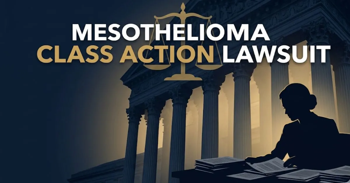 Mesothelioma class action lawsuit 2026 legal guide banner with courthouse silhouette and gold scales of justice