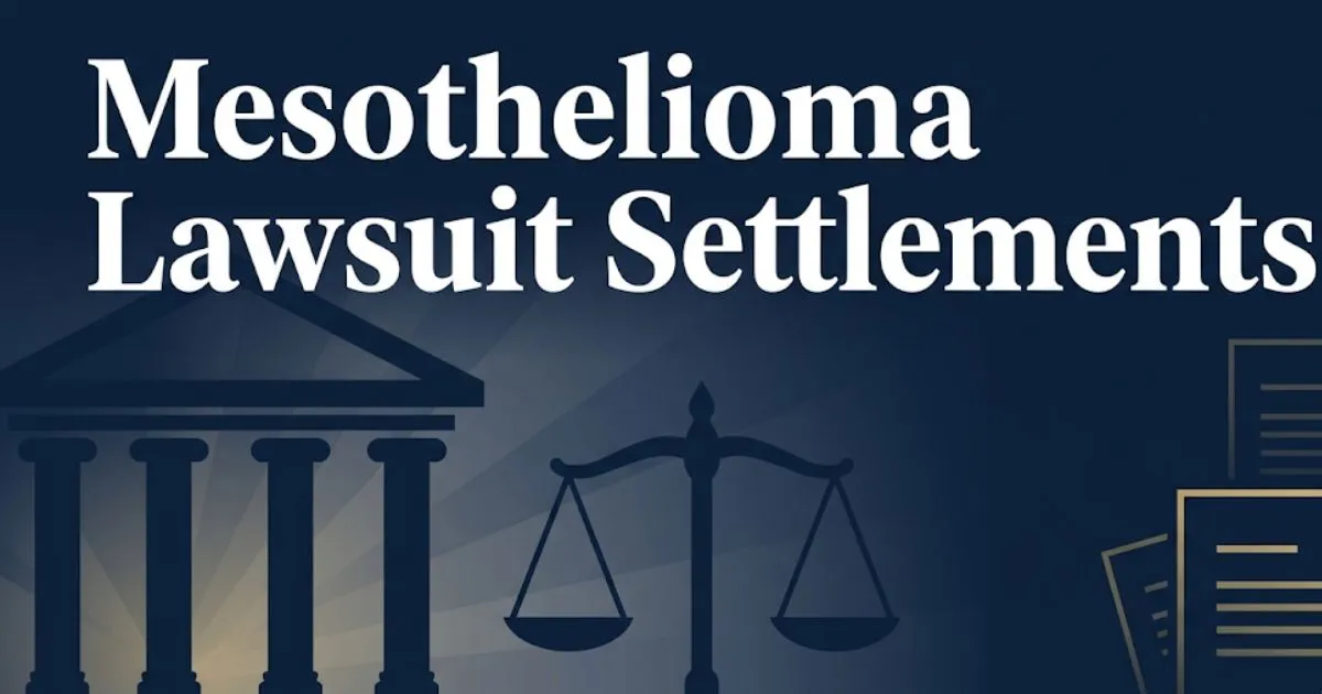 Mesothelioma lawsuit settlements 2026 guide with courthouse and scales of justice graphic