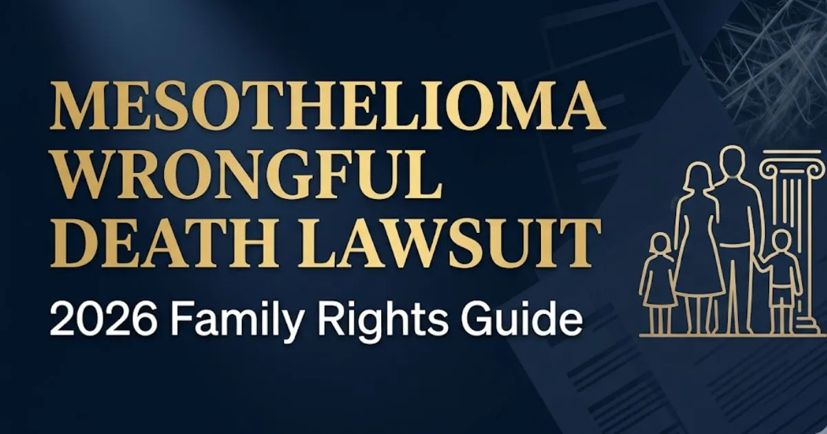 Mesothelioma wrongful death lawsuit 2026 guide banner showing family silhouette and courthouse icons