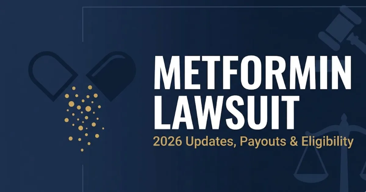 Metformin lawsuit 2026 banner with pill contamination imagery and legal symbols
