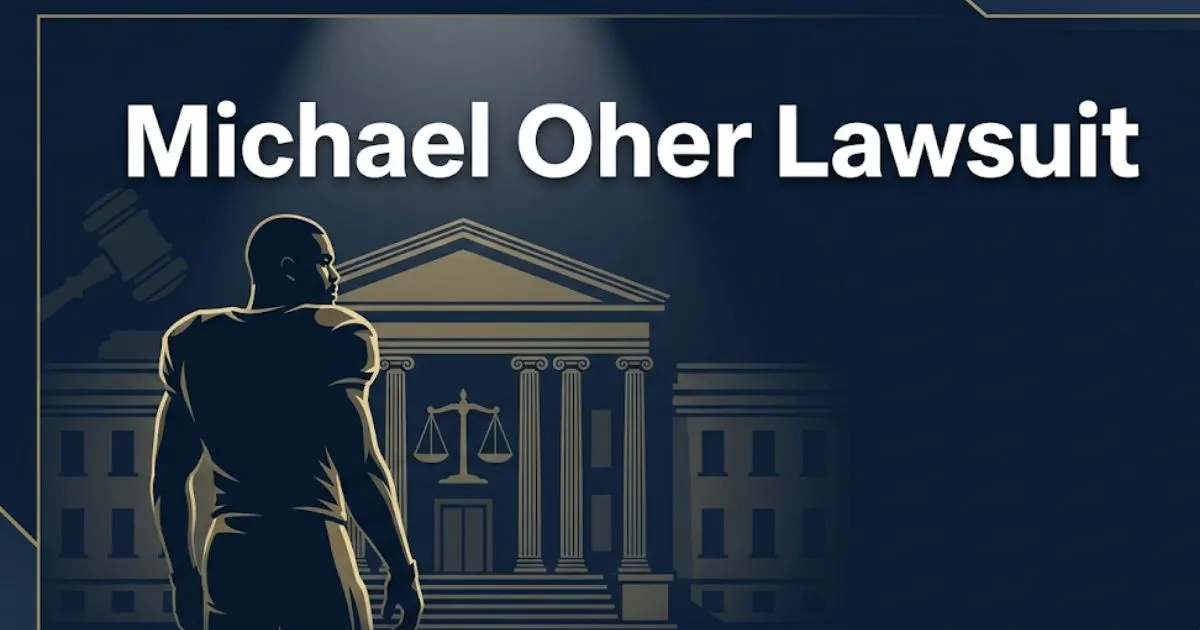 Michael Oher Lawsuit headline banner with football silhouette and courthouse legal imagery