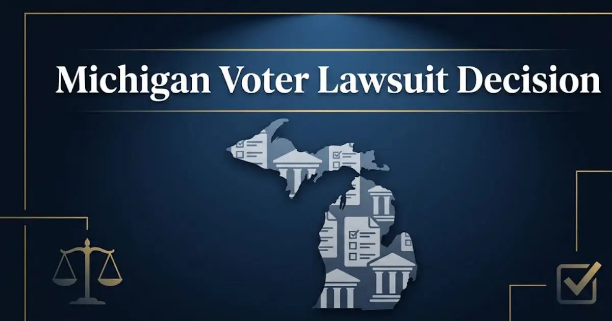Michigan voter lawsuit decision 2026 legal banner with state outline and courthouse symbols