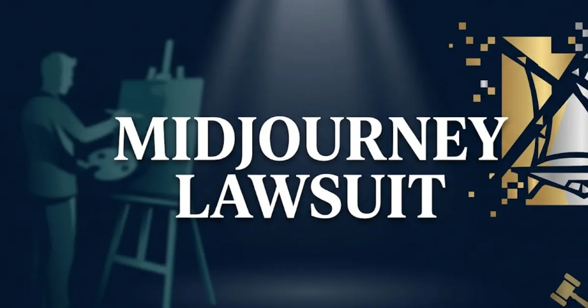 Midjourney lawsuit 2026 editorial banner with artist silhouette, legal gavel icon, and bold headline text on navy background.