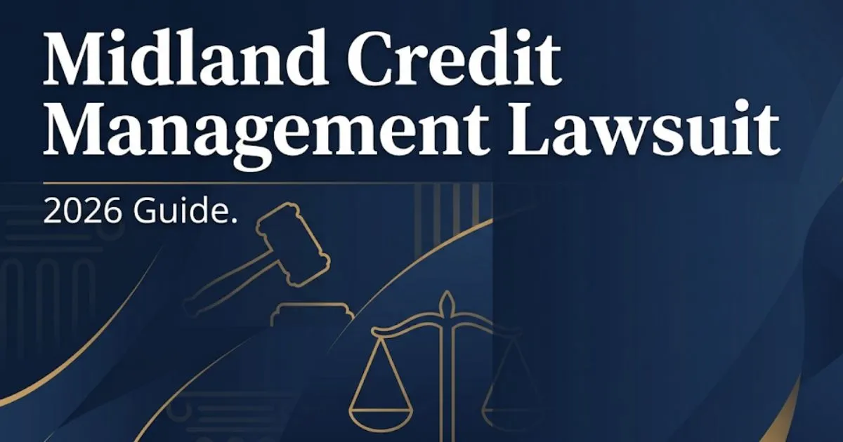 Midland Credit Management lawsuit 2026 guide banner with legal symbols and navy gold design