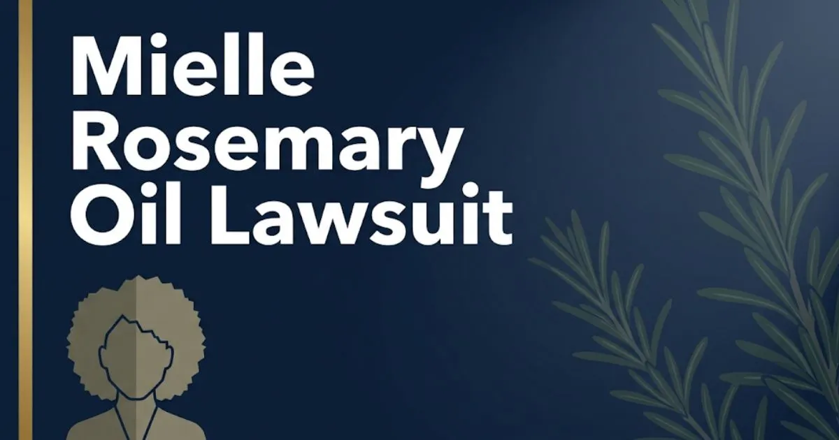 Mielle Rosemary Oil Lawsuit 2026 legal banner with bold headline text and natural hair silhouette on navy background.
