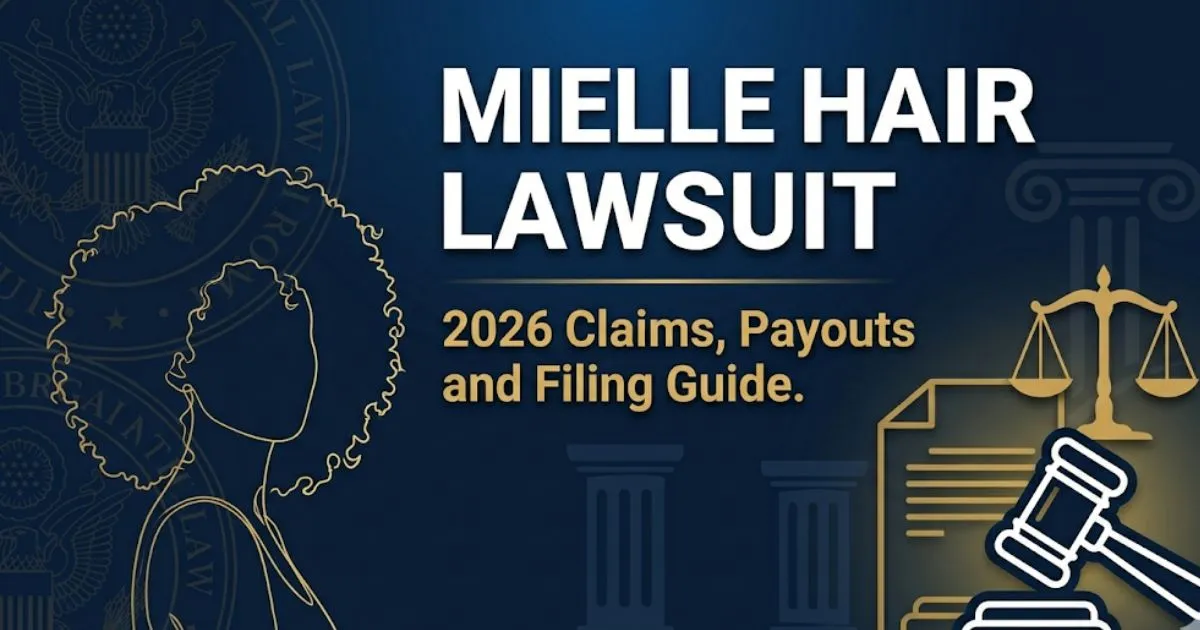Mielle hair oil lawsuit 2026 banner showing legal symbols, natural hair silhouette, and bold headline text