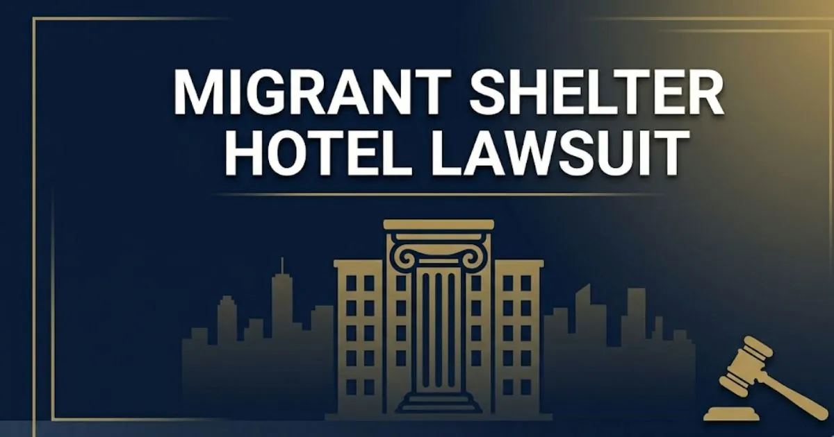 Migrant shelter hotel lawsuit editorial banner showing hotel silhouette, gavel icon, and bold headline text on navy background