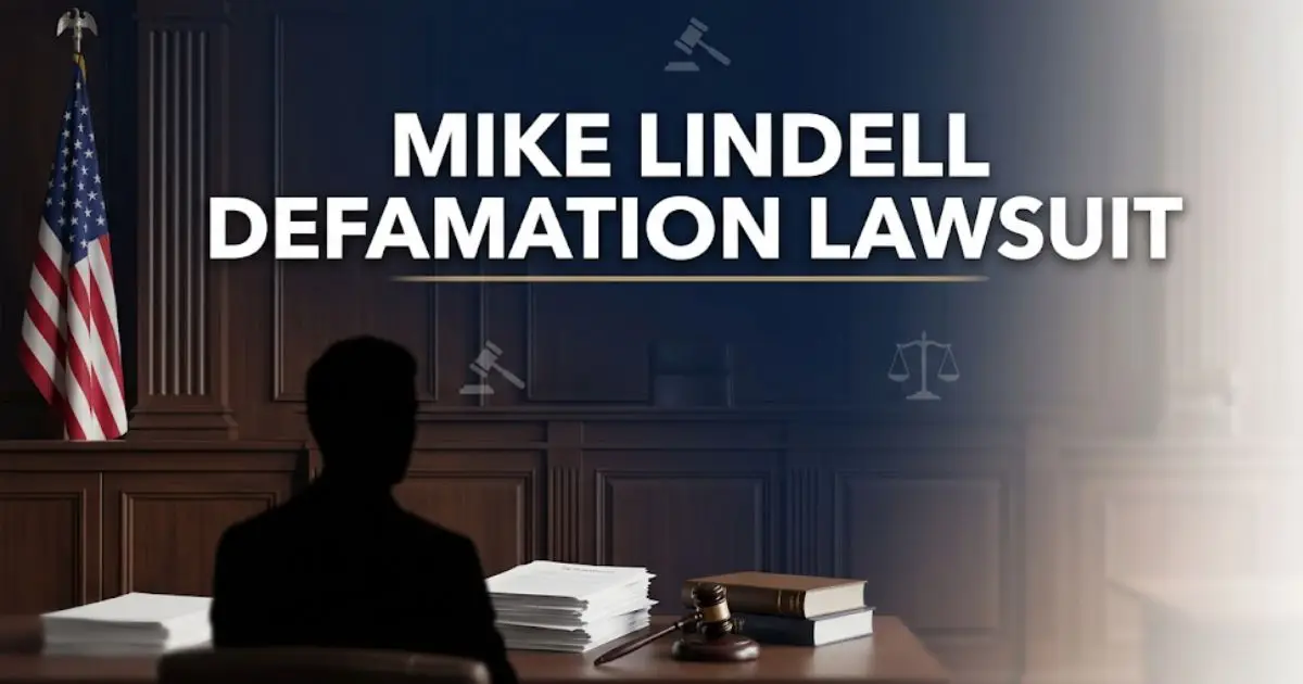 Mike Lindell defamation lawsuit 2026 updates with courtroom background and legal document imagery