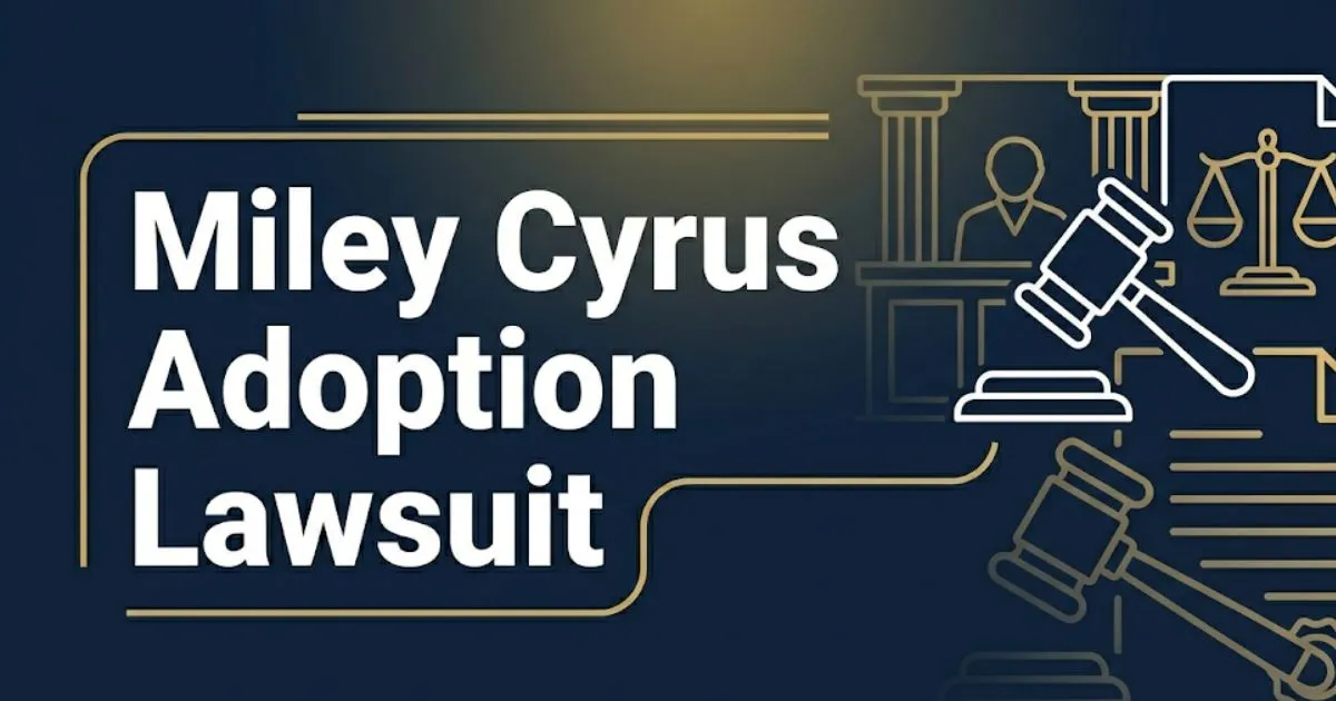 Miley Cyrus adoption lawsuit 2026 case guide banner with legal symbols gavel and scales on navy background