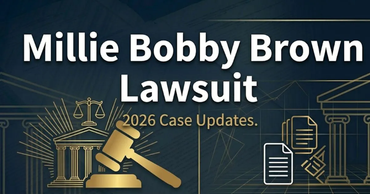 Millie Bobby Brown lawsuit 2026 case updates banner with legal gavel and scales imagery