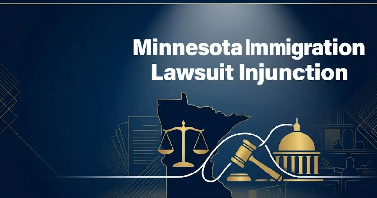 Minnesota Immigration Lawsuit Injunction 2026 legal banner with state outline and justice symbols