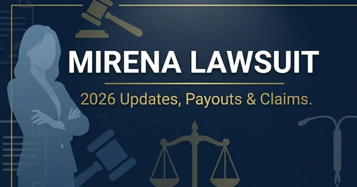 Mirena lawsuit 2026 legal blog banner with gavel and IUD symbols on navy background