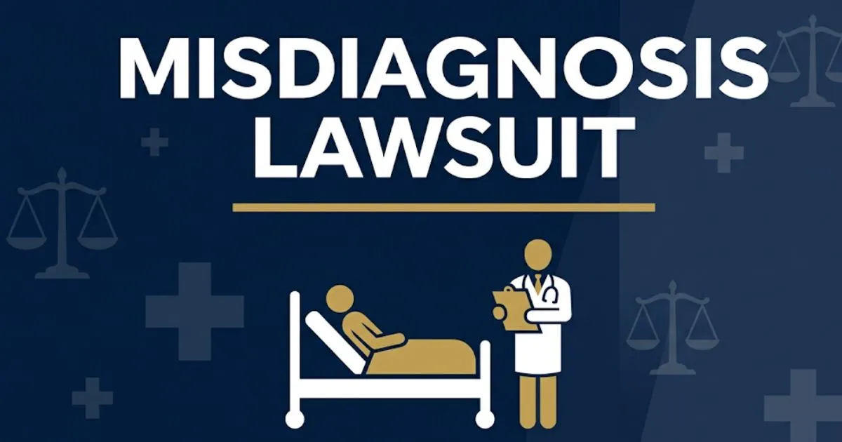 Misdiagnosis lawsuit 2026 hero banner with legal scales and patient silhouette on navy background