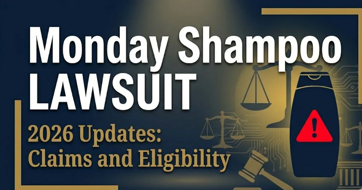 Monday shampoo lawsuit 2026 legal banner showing shampoo bottle warning icon and scales of justice on navy background