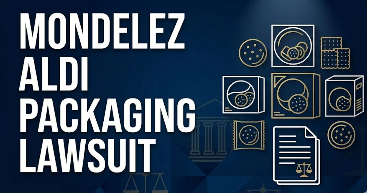 Mondelez Aldi packaging lawsuit banner with legal icons and snack package graphics