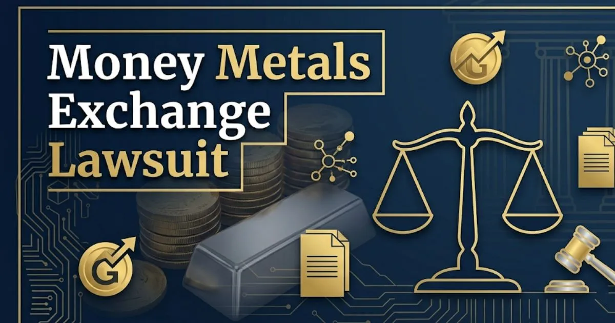 Money Metals Exchange Lawsuit 2026 legal banner with gold coins, balance scale, and courthouse silhouette on navy background.