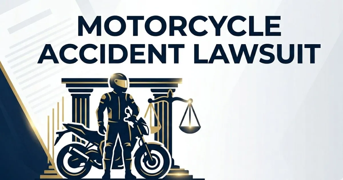 Motorcycle accident lawsuit guide banner with legal scales and rider silhouette for 2026