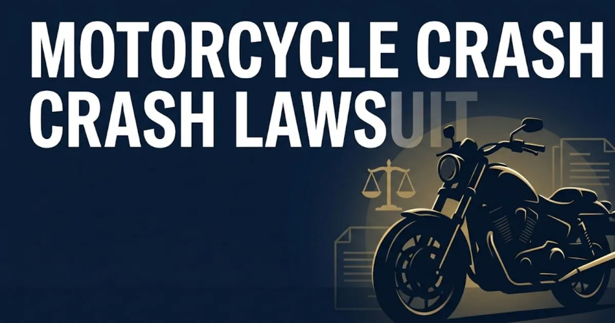 Motorcycle crash lawsuit 2026 legal guide banner with bold headline text and gold motorcycle silhouette on navy background