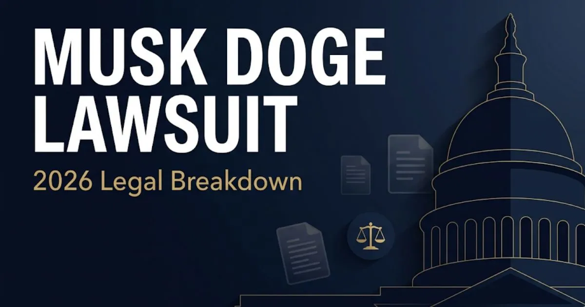 Musk DOGE lawsuit 2026 legal breakdown banner with courthouse silhouette and scales of justice icons