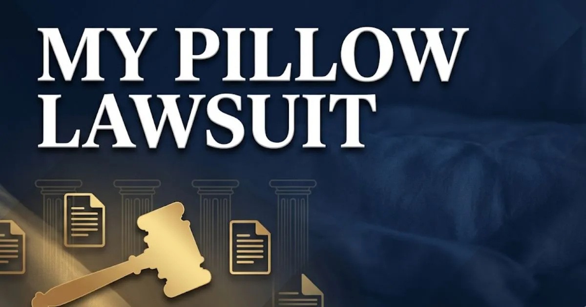 My Pillow Lawsuit 2026 legal guide banner with gavel and court imagery in navy and gold