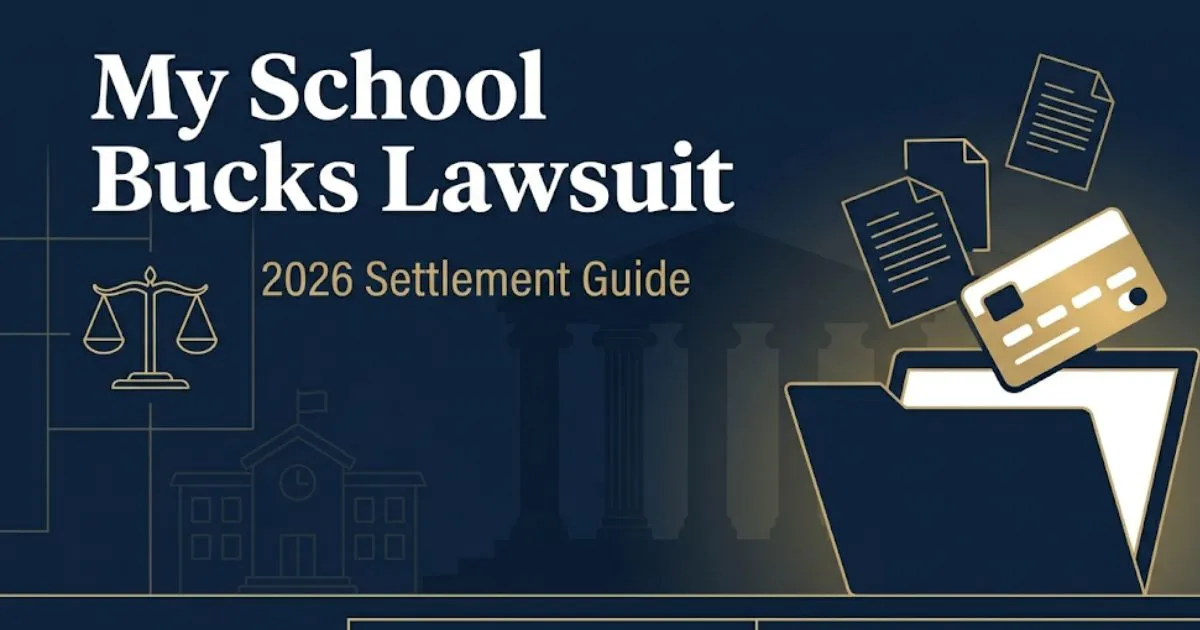 My School Bucks Lawsuit 2026 settlement guide banner with legal documents and school payment icons on navy background