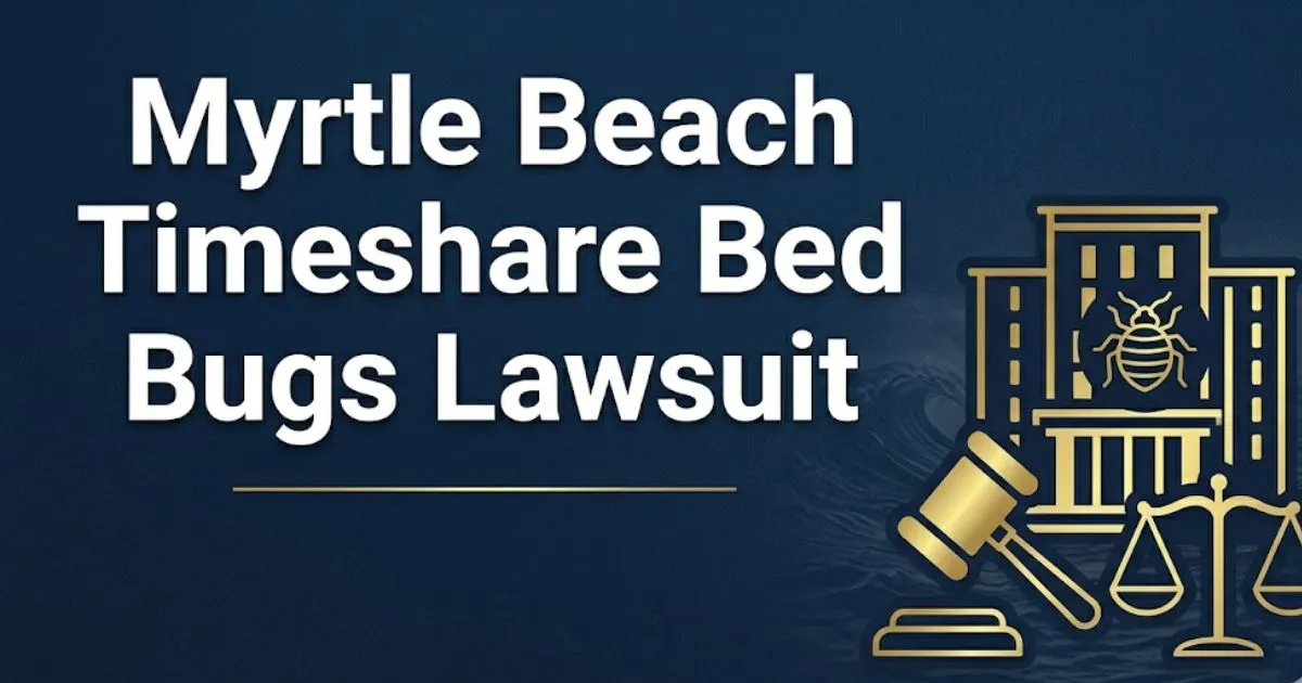 Myrtle Beach timeshare bed bugs lawsuit 2026 guide banner with resort silhouette and legal gavel icons