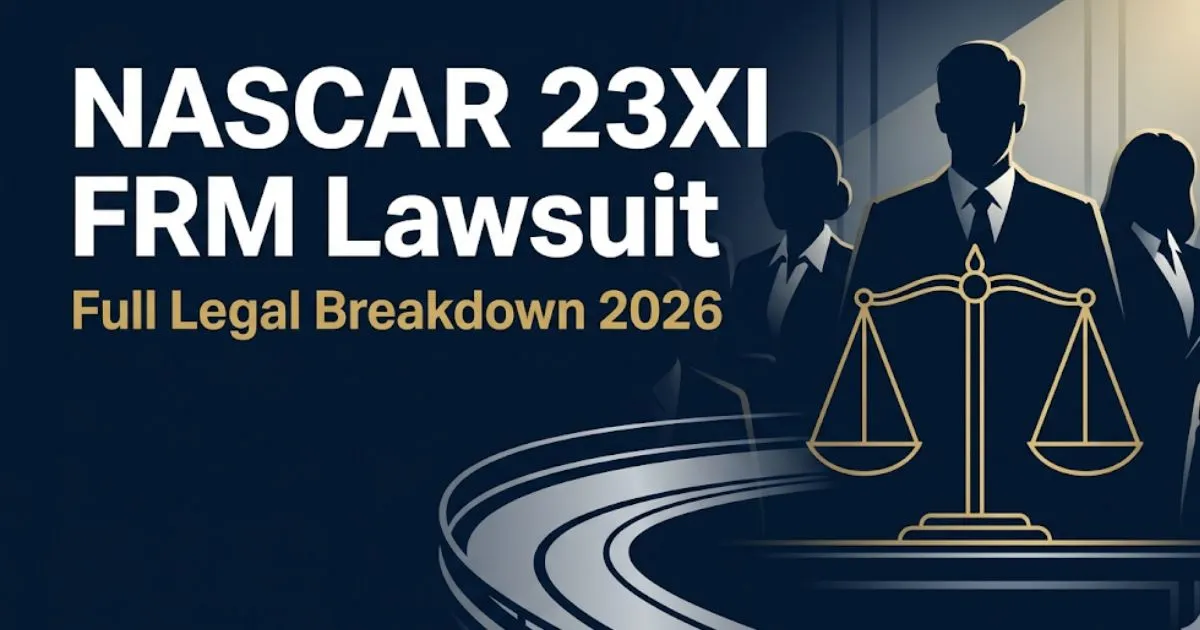 NASCAR 23XI FRM lawsuit legal breakdown 2026 banner with courtroom silhouettes and scales of justice on navy background